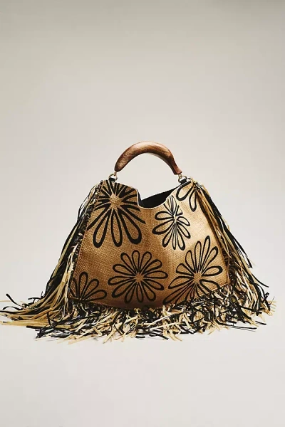 Farm Rio Fringed Raffia Mini Hand Bag In Brown