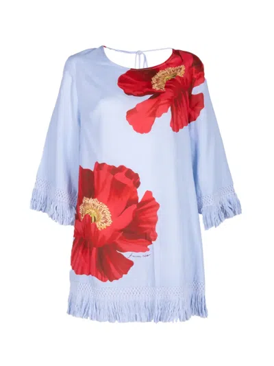 Farm Rio Fringe-trim Open-back Dress In Blue