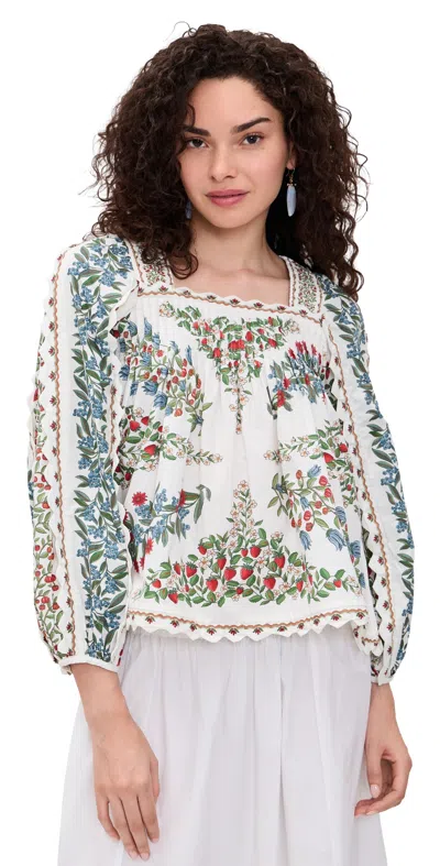 Farm Rio Fruit Beauty Long Sleeve Cotton Blouse Fruit Beauty Scarf Off-white In Blue