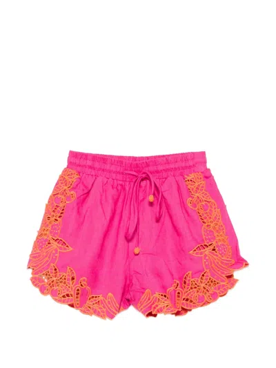 Farm Rio Fruit Beauty Richelieu Embroidered Scalloped-hem Shorts In Pink