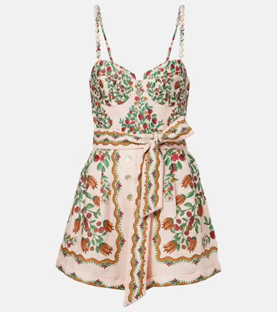 Farm Rio Fruit Beauty Scarf Floral Linen Romper In Pink