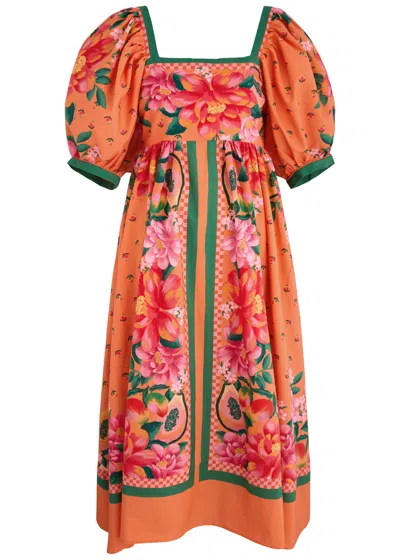 Farm Rio Fruit Garden Printed Cotton Midi Dress In Orange | ModeSens