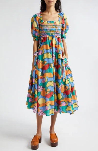 Farm Rio Fruit Landscape Cotton Blend Midi Dress In Blue