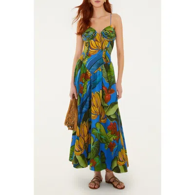 Farm Rio Blue Banana Grapes 3d Bodice Sleeveless Maxi Dress In Multi