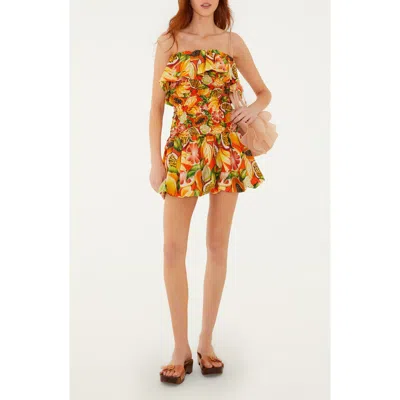 Farm Rio Fruit Print Ruffle Strapless Minidress In Multi