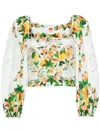 Farm Rio Papaya Salad Eyelet Puff Sleeve Cotton Crop Top In Green
