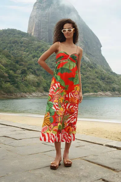Farm Rio Fruit Trolley Red Sleveless Maxi Dress In Multi