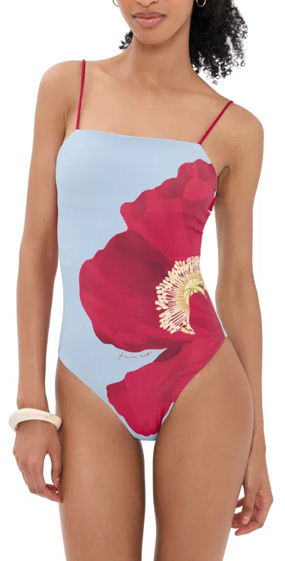 Farm Rio Full Cut Placed One Piece Swimsuit Poppy Flowers In Gray