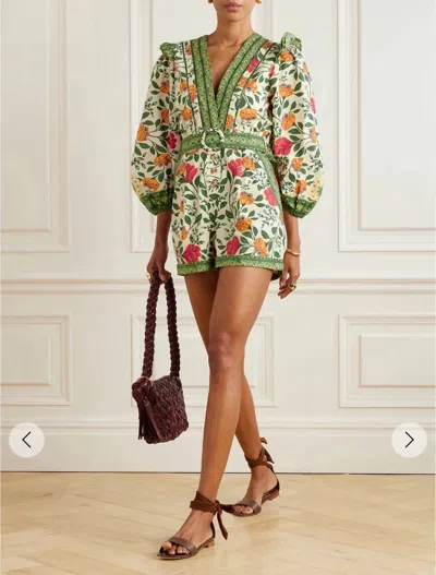 Farm Rio Belted Pleated Floral-print Cotton-poplin Playsuit In Green