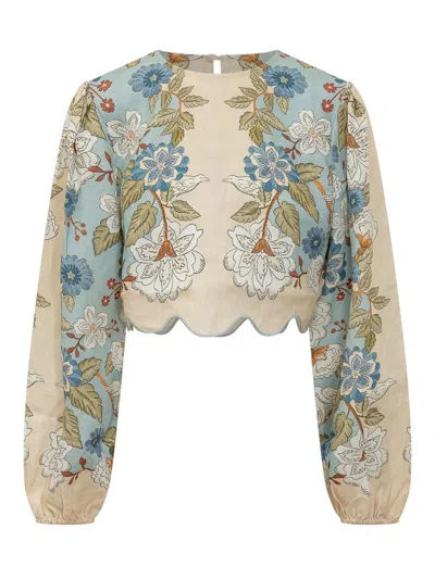 Farm Rio Cream Garden Scarf Linen Blouse In Multi