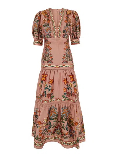 FARM RIO MULTICOLOR LONG DRESS WITH V-NECK AND ALL-OVER FLORAL PRINT IN FABRIC WOMAN