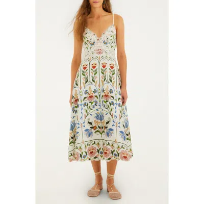 Farm Rio Garden Embroidered Linen Midi Sundress In Gray