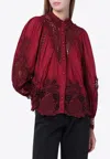 Farm Rio Garden Guipure Lace Long-sleeved Shirt In Burgundy