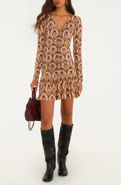Farm Rio Garden Medallion Long Sleeve Minidress In Brown
