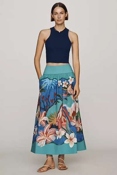 Farm Rio Garden Of Life Cotton Maxi Skirt In Blue