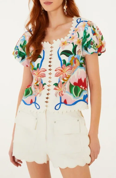 Farm Rio Garden Of Life Floral Print Blouse In White