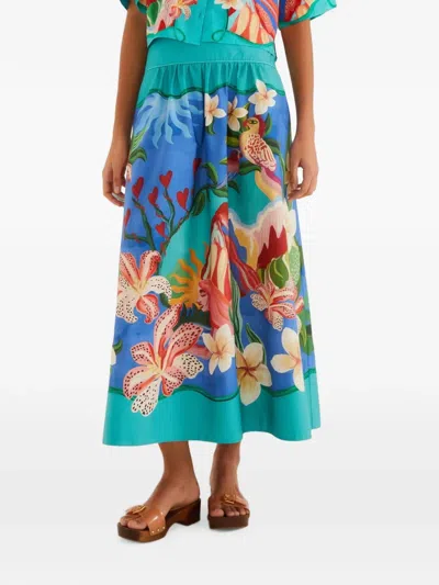Farm Rio Garden Of Life Floral-print Pleated Midi Skirt In Blue