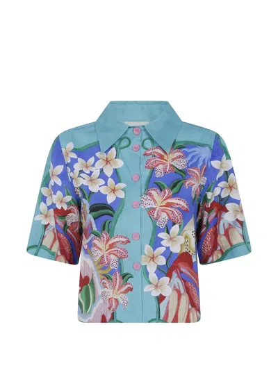 Farm Rio Multicolor Garden Of Life Scarf Short Sleeve Crop Shirt In Green