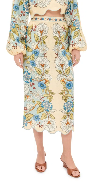 Farm Rio Garden Scarf Scalloped Printed Linen Midi Skirt In Multi