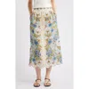 Farm Rio Garden Scarf Print Linen Midi Skirt In Green