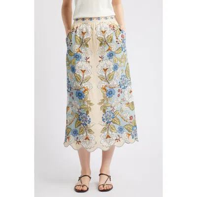 Farm Rio Garden Scarf Print Linen Midi Skirt In Green