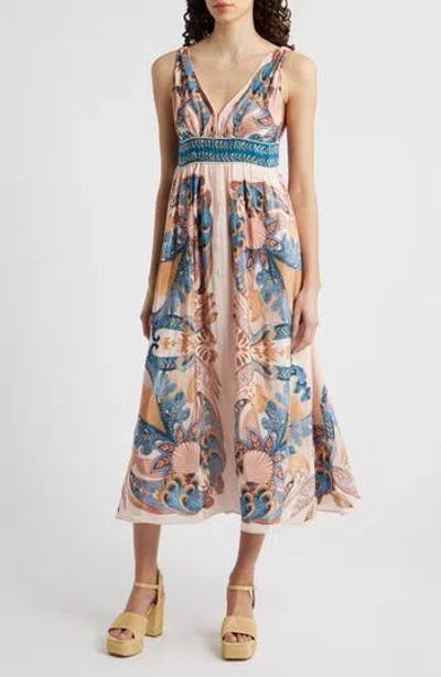 Farm Rio Garden Scarf Print Midi Dress In Garden Scarf Soft Pink