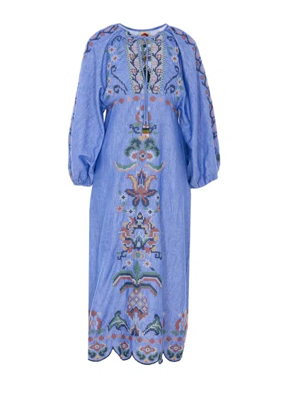 Farm Rio Blue Crew Neck Dress With Knot Closure And All-over Embroidery In Fabric Woman