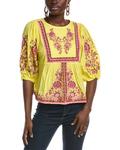 Farm Rio Garden Tapestry Embroidered Blouse In Yellow