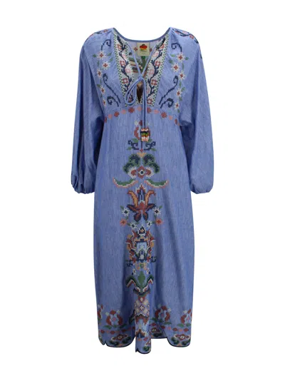 Farm Rio Blue Crew Neck Dress With Knot Closure And All-over Embroidery In Fabric Woman