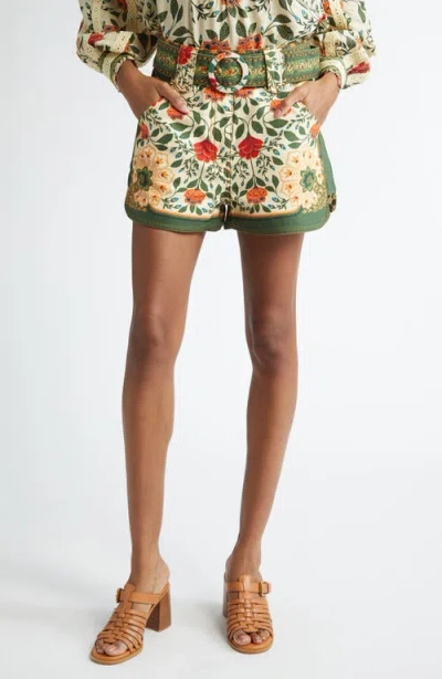 Farm Rio Garden Tapestry Print Belted Cotton Twill Shorts In Garden Tapestry Sand