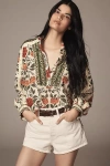Farm Rio Garden Tapestry Print Popover Shirt In Green