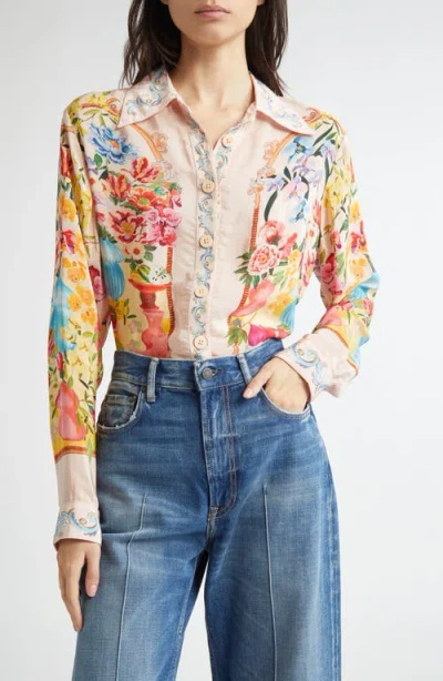 Farm Rio Garden Terrace Floral Button-up Shirt In Pink