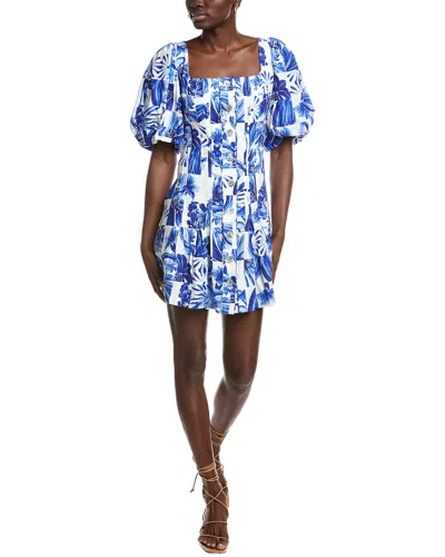 Farm Rio Garden Tiles Plaid Off-white Linen-blend Mini Dress In Blue