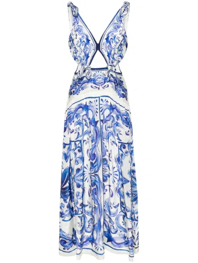 Farm Rio Garden Tiles-print Flared Maxi Dress In Blue
