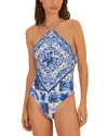 Farm Rio Garden Tiles Printed Halter One Piece Swimsuit In Garden Tiles Off-white