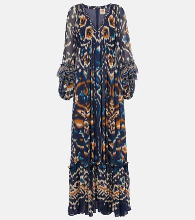 Farm Rio Gathered Floral Maxi Dress In Blue