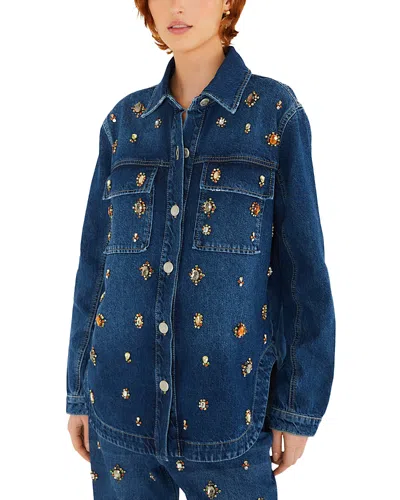 Farm Rio Gem Embellished Denim Shirt In Blue