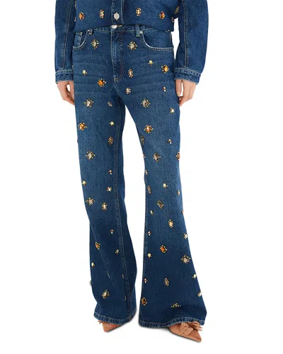 Farm Rio Gem Embellished High Rise Flare Jeans In Denim In Blue