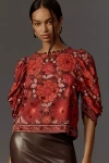 Farm Rio Gigi Tapestry Elbow Sleeve Button Back Top In Multicolor