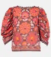 Farm Rio Gigi Tapestry Elbow Sleeve Button Back Top In Red
