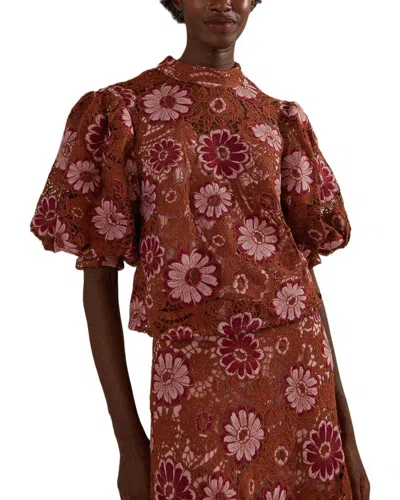 Farm Rio Gigi Tapestry Guipure Blouse In Burgundy