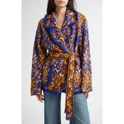 Farm Rio Glam Tapestry Knit Wrap Jacket In Glam Tapestry Blue