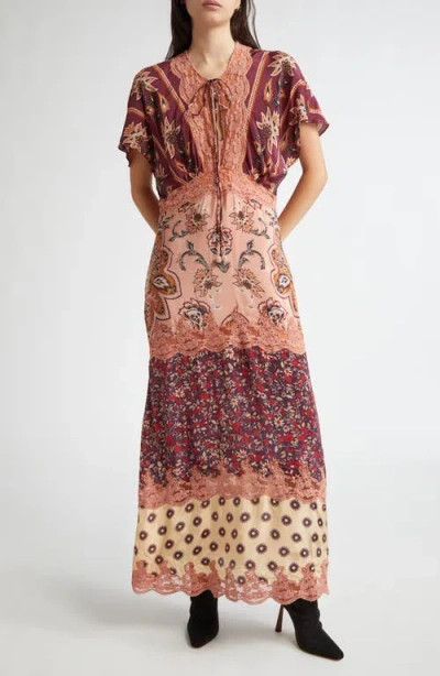 Farm Rio Glam Tapestry Lace Trim Maxi Dress In Pink