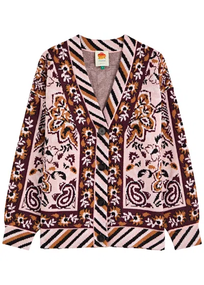 Farm Rio Glam Tapestry Jacquard Cardigan In Burgundy