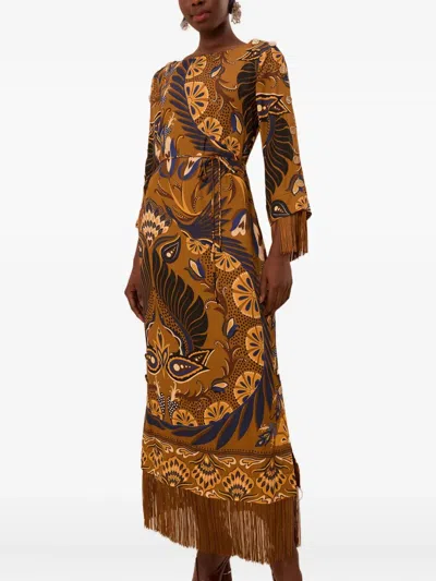 Farm Rio Fringed Printed Crepe De Chine Maxi Dress In Brown