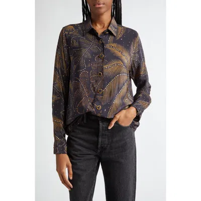 Farm Rio Golden Foliage Button-up Pajama Shirt In Golden Foliage Black