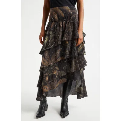 Farm Rio Golden Foliage Layered Ruffle Maxi Skirt In Golden Foliage Black