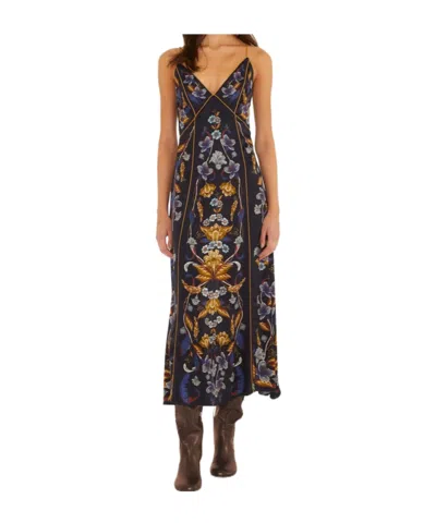 Farm Rio Womens Golden Nature Navy Blue Golden Nature V-neck Satin Maxi Dress In Multi