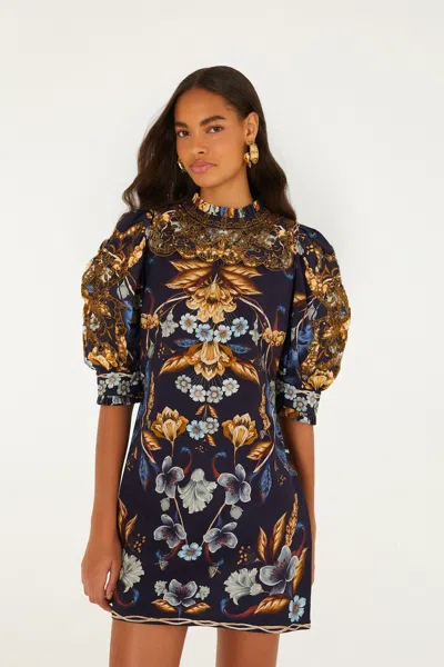 Farm Rio Golden Nature Short Sleeve Mini Dress In Black
