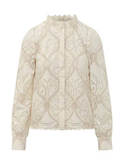 Farm Rio Lace-embroidered Scalloped-edge Blouse In Neutral